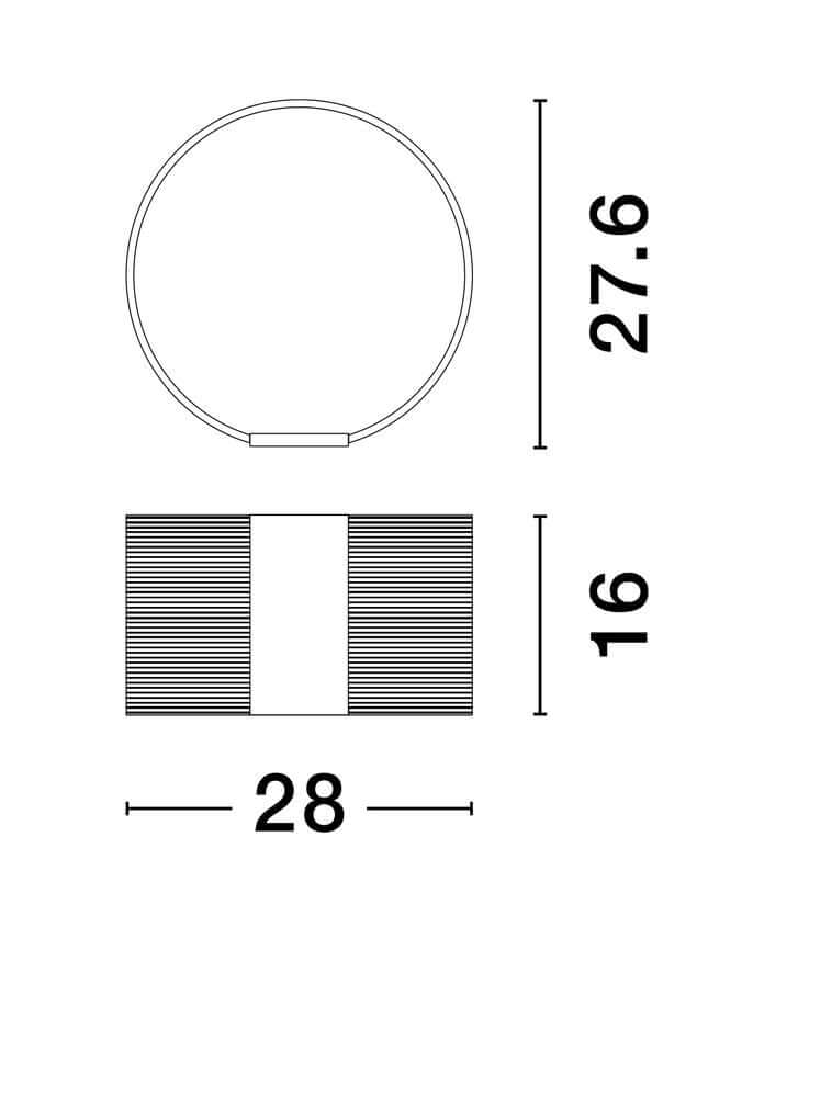 Maßzeichnung der Valentin LED Tischleuchte Ø 28cm 3000K Gold mit Höhe 27.6cm und Breite 28cm.