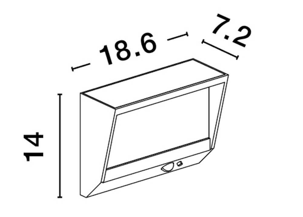 Maßzeichnung der Valor LED Außenwandleuchte 3000K Anthrazit IP65 mit den Abmessungen 18.6x7.2x14 cm.