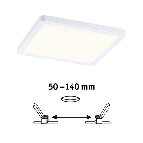 VariFit LED Areo warm white recessed panel with flexible clamping springs for 50-140 mm installation.