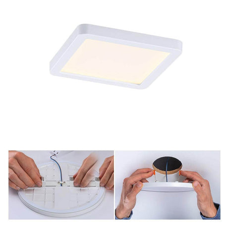 VariFit LED Areo square recessed panel with warm white light and flexible installation technology.