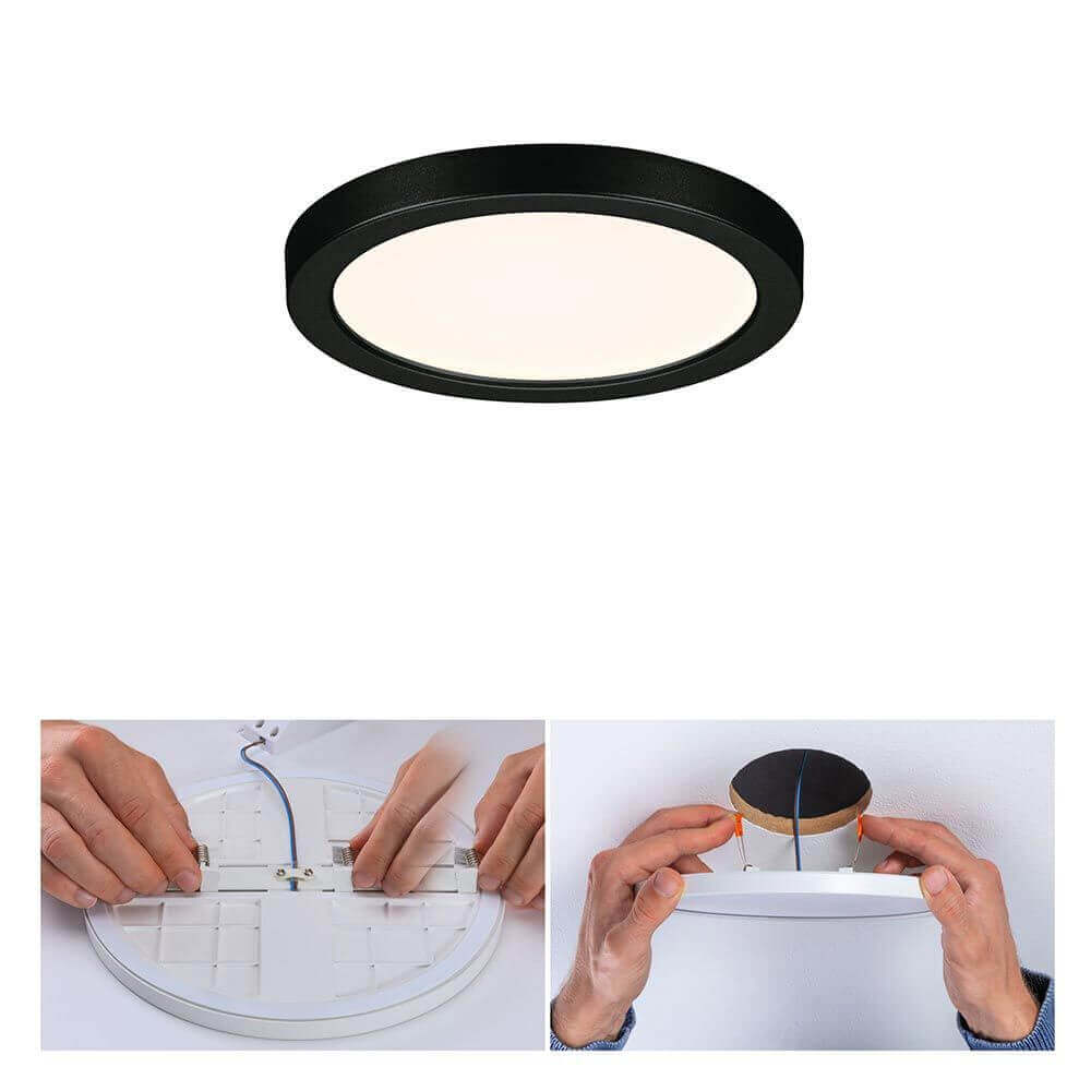 Rundes VariFit LED Einbaupanel Areo in Schwarz mit Montageanleitung und Installationshinweisen.