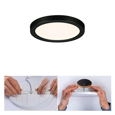 VariFit LED recessed panel Areo Panel Round Black IP44 with flexible installation technology and warm white light.