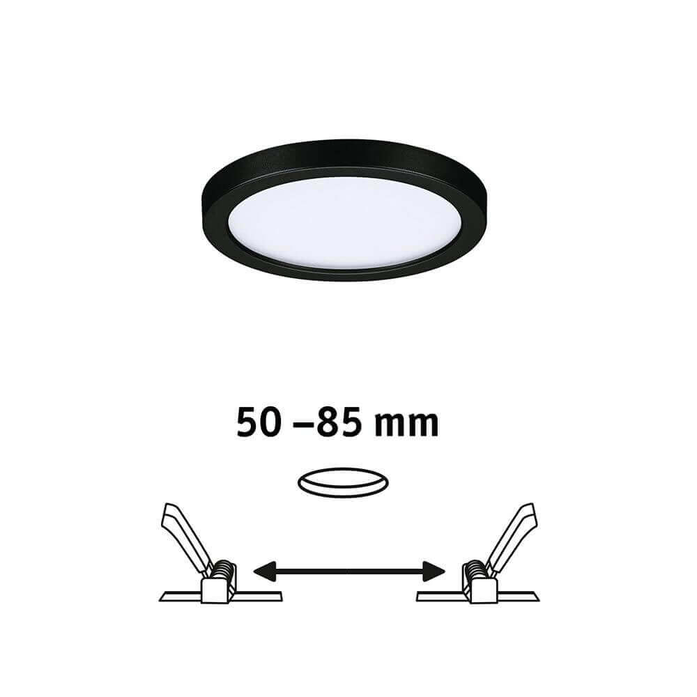 VariFit LED Einbaupanel Areo rund schwarz mit flexiblen Klemmfedern für 50–85 mm Einbau.