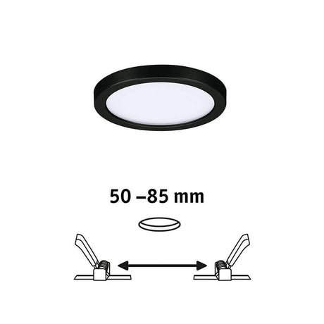VariFit LED recessed panel Areo Panel Round Black IP44 with adjustable spring clips from 50 to 85 mm.