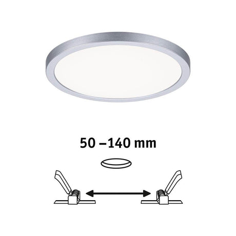 VariFit LED recessed panel Areo Round Chrome-Matt Ø 17.5 cm with flexible installation size 50-140 mm.