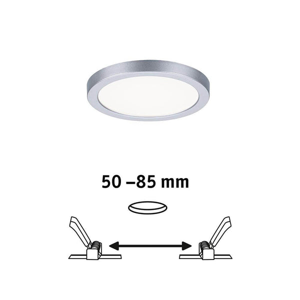 VariFit LED Areo round recessed panel in matt chrome with flexible adjustment from 50-85 mm for variable installation.
