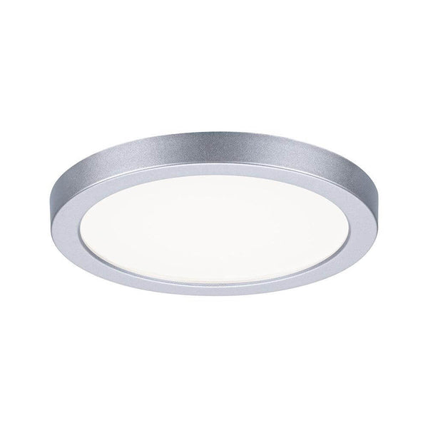 VariFit LED Areo round recessed panel in matt chrome with a round shape and warm white light.