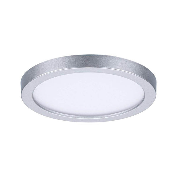 VariFit LED Areo round recessed panel in matt chrome with bright, warm white light and flexible installation technology.