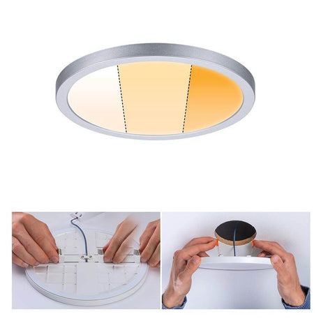 VariFit LED Einbaupanel Dim-to-Warm Areo Rund Chrom-Matt mit dimmbaren Lichtfarben und Montageanleitung.