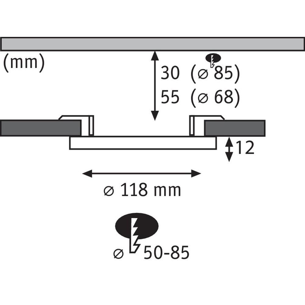 Maßzeichnung des VariFit LED Einbau-Panels Areo Rund (118 mm Durchmesser), Bohrlochabmessungen 50-85 mm.