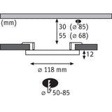 Maßzeichnung des VariFit LED Einbau-Panels Areo Rund (118 mm Durchmesser), Bohrlochabmessungen 50-85 mm.