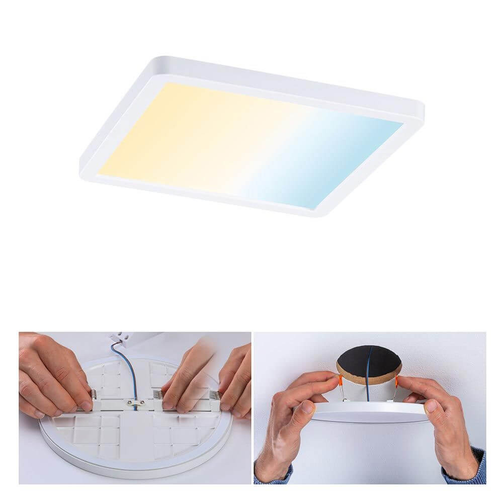 VariFit LED Einbaupanel Areo in Weiß, montiert und im Detail, zeigt Tunable White Funktion.