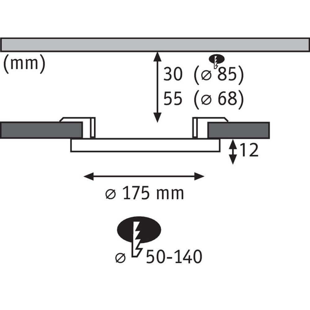 Maßzeichnung für das VariFit LED Einbaupanel Areo, Durchmesser 175 mm, Einbauöffnung 50-140 mm.