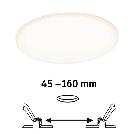VariFit LED Einbaupanel Veluna Ø 18,5cm Satiniert IP44 mit Einstellbereich von 45 bis 160 mm für einfache Montage.