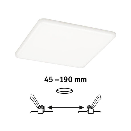 VariFit LED recessed panel Veluna Square IP44 with adjustable spring clips for cutout diameters 45–190 mm.