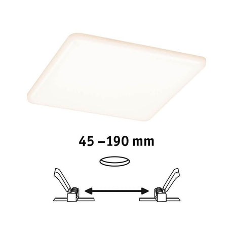 VariFit LED ceiling recessed panel Veluna square satin-finished with spring clips adjustable from 45 to 190 mm.