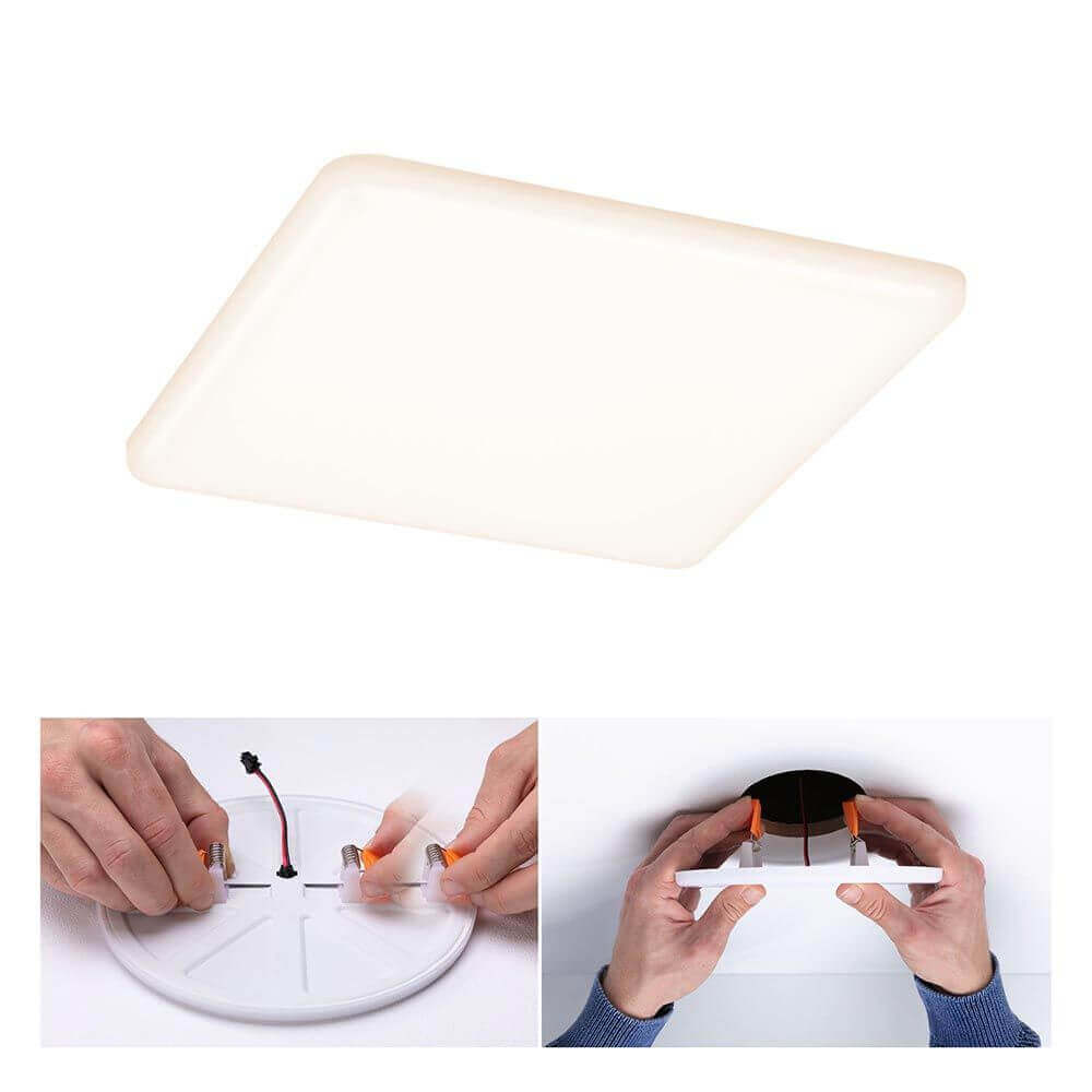 VariFit LED Einbaupanel Veluna Eckig CCT-Switch in Weiß, Montage und Detailansicht.