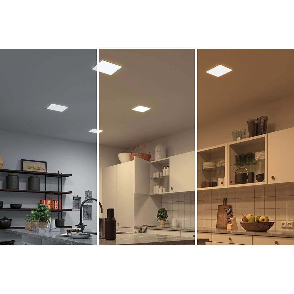 VariFit LED Einbaupanel Veluna in drei Lichtfarben in moderner Küche installiert.