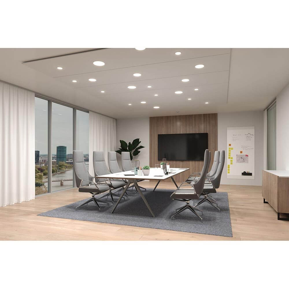 Modernes Konferenzzimmer mit VariFit LED Einbaupanel Veluna Edge Ø 16cm Weiß Dimmbar und eleganter Einrichtung.