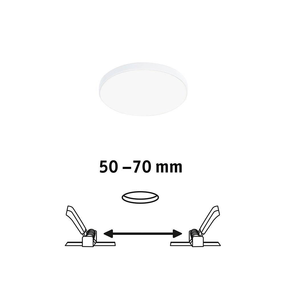 VariFit Veluna LED Einbaupanel Ø 9cm mit einstellbarer Klemmfeder für 50-70mm Einbauhöhe, modernes Design in Weiß.
