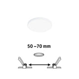 VariFit Veluna LED Einbaupanel Ø 9cm mit einstellbarer Klemmfeder für 50-70mm Einbauhöhe, modernes Design in Weiß.