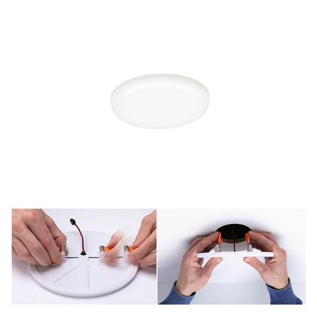 VariFit LED Einbaupanel Veluna Rund Ø 7,5cm Satin, Bild zeigt die Installation und Rückansicht des Panels.