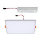 VariFit LED Einbaupanel Veluna mit 3-Stufen-Dimmer Eckig Satin, abgebildet mit Treiber und Anschlusskabel.