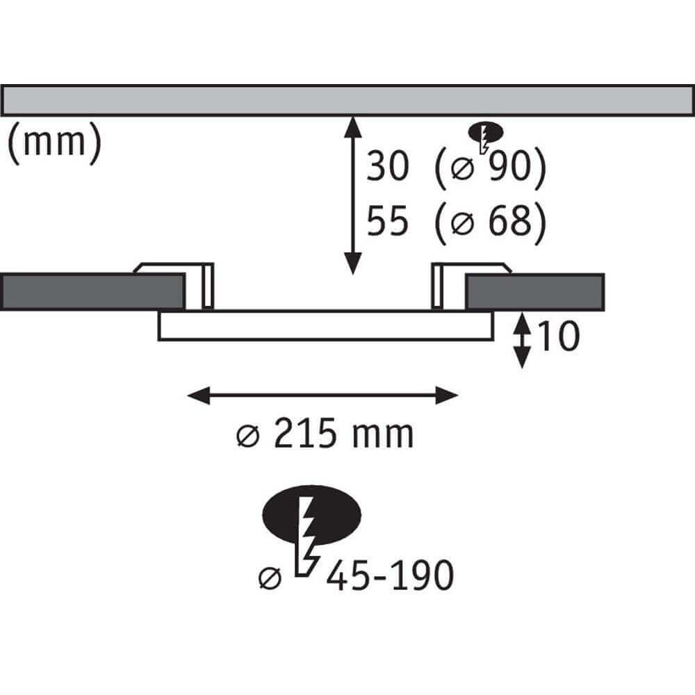 Technische Zeichnung des VariFit LED Einbaupanels Veluna mit Abmessungen Ø 215 mm und einstellbare Klemmfedern Ø 45-190 mm.
