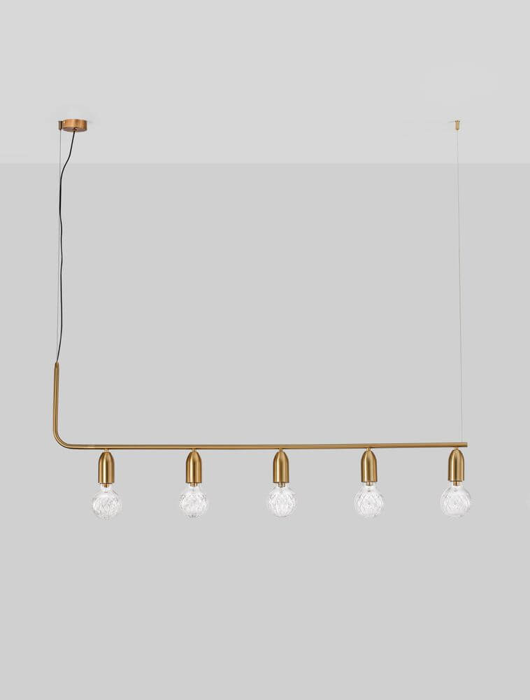 Veda Pendelleuchte 128cm G9 mit 5 transparenten Glaskugeln in modernem, geometrischem Design.