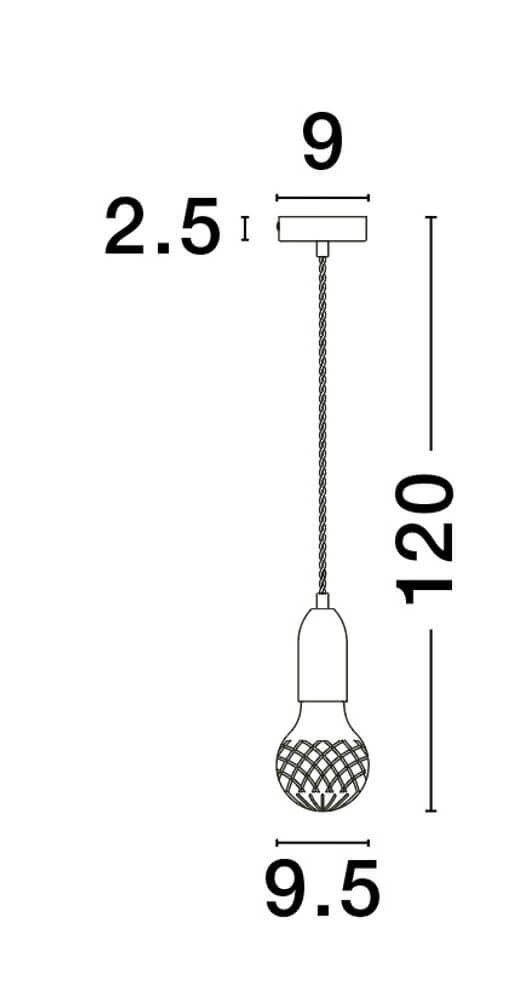 Technische Zeichnung der Veda Pendelleuchte G9, Ø 9,5 cm, Höhe 120 cm, mit Kabel und Deckenmontage.