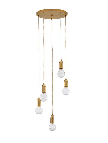 Veda Pendelleuchte G9 5-flammig Ø 40cm mit eleganten Kristallschirmen und goldener Aufhängung.