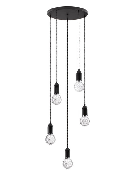 Veda Pendelleuchte G9 5-flammig Ø 40cm mit fünf kugelförmigen Kristallschirme an einer eleganten Deckenhalterung.