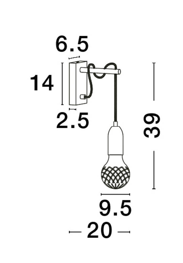 Technische Zeichnung der Veda Wandleuchte G9 mit den Abmessungen für eine präzise Installation.