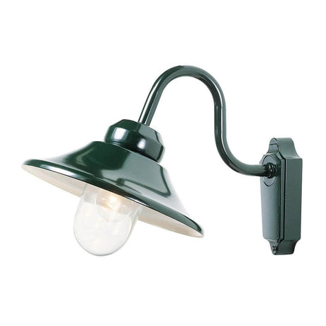 Vega Aplique exterior verde, vidrio claro con un diseño elegante y bombilla clara, ideal para áreas exteriores.