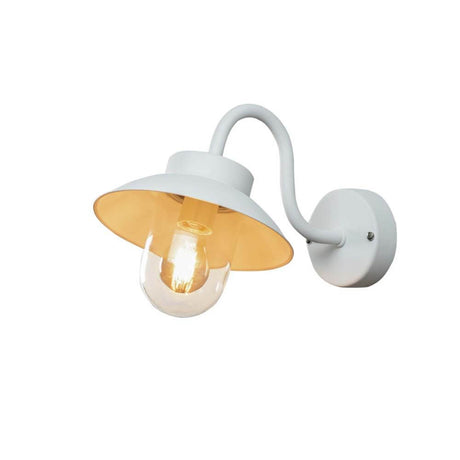 Vega Mini outdoor wall light in white with gold accents, ideal for outdoor areas.