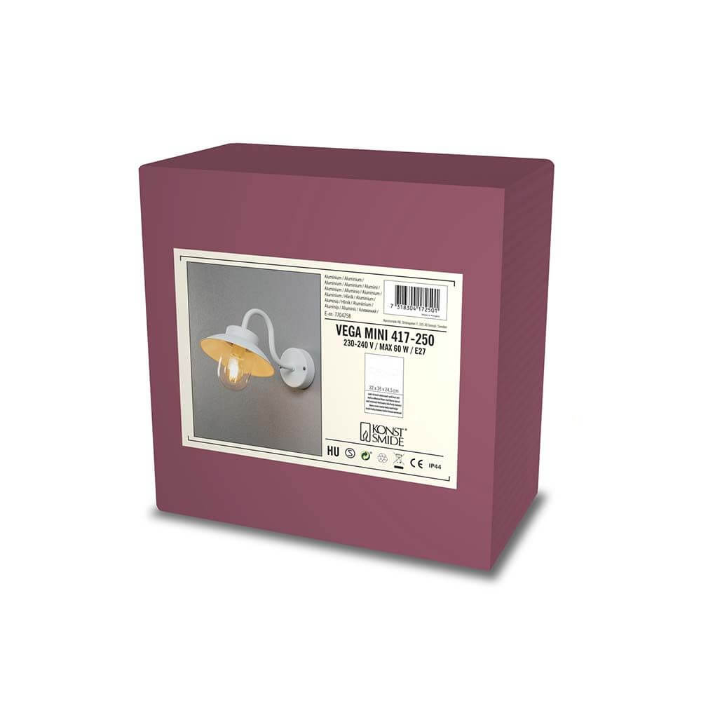 Vega Mini Außen Wandleuchte Verpackung, Modell 417-250 in Weiß, 230V, für Innen- und Außenbereiche.