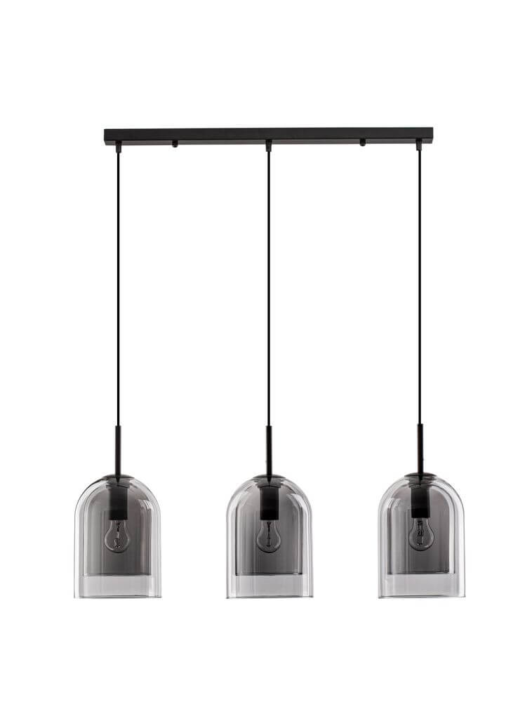 Moderne schwarze Velor Pendelleuchte mit 3 bernsteinfarbenen Glasschirmen und E27-Fassungen.