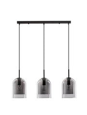 Velor Pendelleuchte Balken 70cm E27 3-flammig, schwarz/rauch mit drei bernsteinfarbenen Glasschirmen