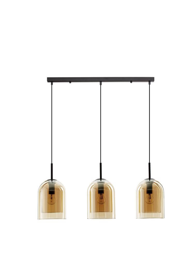 Moderne Velor Pendelleuchte in Schwarz mit drei bernsteinfarbenen Glasschirmen, ideal für stimmungsvolle Beleuchtung.