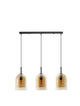 Moderne Velor Pendelleuchte in Schwarz mit drei bernsteinfarbenen Glasschirmen, ideal für stimmungsvolle Beleuchtung.
