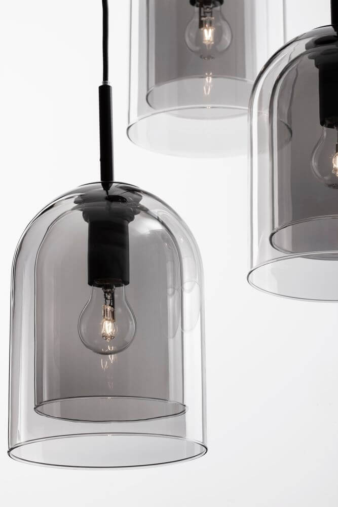 Hängelampe VELOR mit 3 Glaskugeln in Schwarz und Bernstein, ideal für Art-Deco-Interieur.