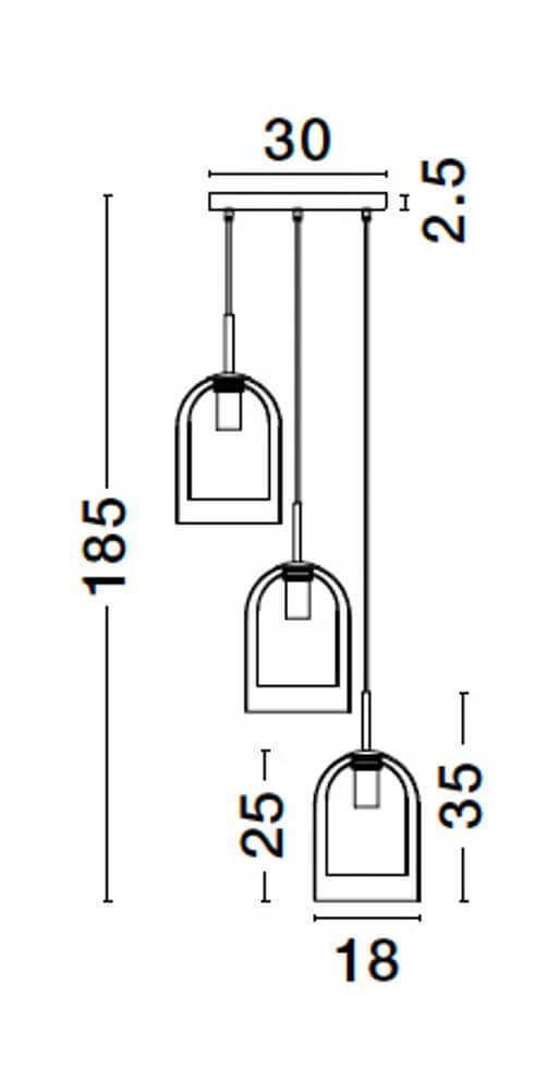 Maßzeichnung der Velor Pendelleuchte E27 3-flammig, Ø 30cm, mit Detailinformationen zur Größe.