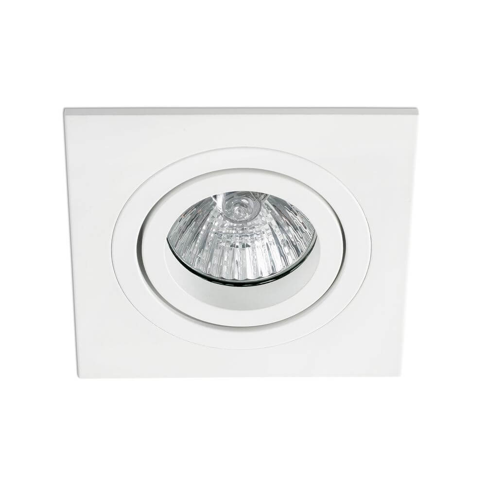Verstellbare Einbauleuchte RADÓN Quadratisch GU10 Weiß auf weißem Hintergrund mit reflektierender Lampe.