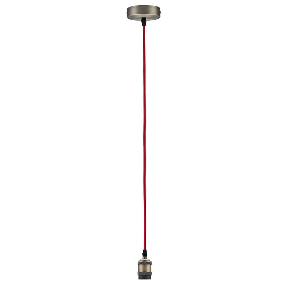 Vintage-Pendel mit E27-Fassung Rot Brüniert hängend von Decke, rotes Kabel und Metallfassung im Retrolook.