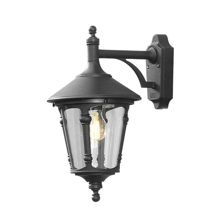 Virgo Außen-Wandleuchte Schwarz, rauchfarbenes Acrylglas an der Wand montiert mit gläserner Lampe.