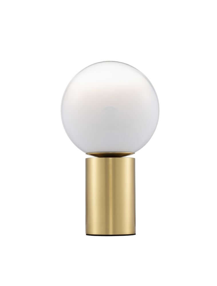 Tischleuchte Vita in Gold und Weiß mit rundem Glasschirm und Messingfuß, ideal für gemütliche Beleuchtung.