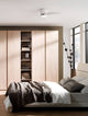 Volga LED Ventilator Ø 99,5cm 3000K in modernem Schlafzimmer mit Holzschrank und Bett.