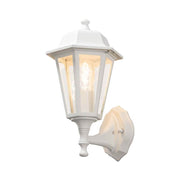 Candeeiro de parede exterior em forma de lanterna branco, montado numa parede, design elegante em branco.