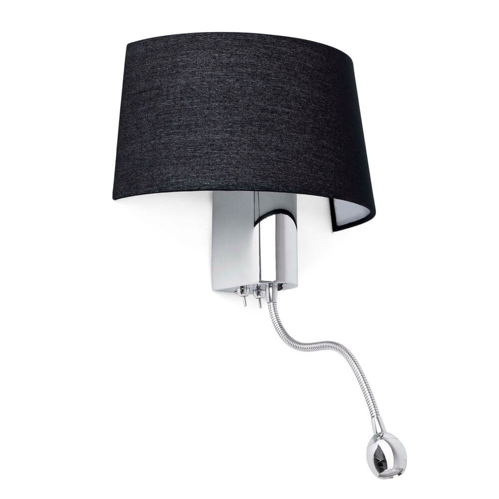 Wandlampe HOTEL mit LED-Lesearm Chrom, Schwarz - elegante Wandlampe mit flexibler Leselampe