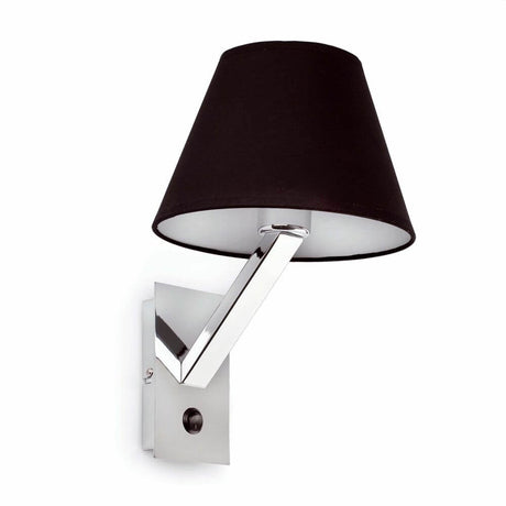 Wandlampe MOMA-1 Chrom, Schwarz: moderne Wandleuchte mit schwarzem Lampenschirm und chromfarbenem Gestell.